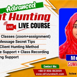 Client Hunting course poster featuring a female host, promoting a live online session for learning how to find clients through digital marketing