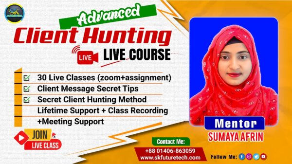 Client Hunting course poster featuring a female host, promoting a live online session for learning how to find clients through digital marketing